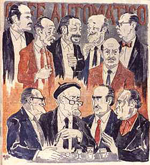 Contertulios del café El Automático: Juan Lozano y Lozano, León de Greiff, Ignacio Gómez Jaramillo, Jorge Zalamea, Omar Rayo, entre otros. Foto: Biblioteca Luis Ángel Arango