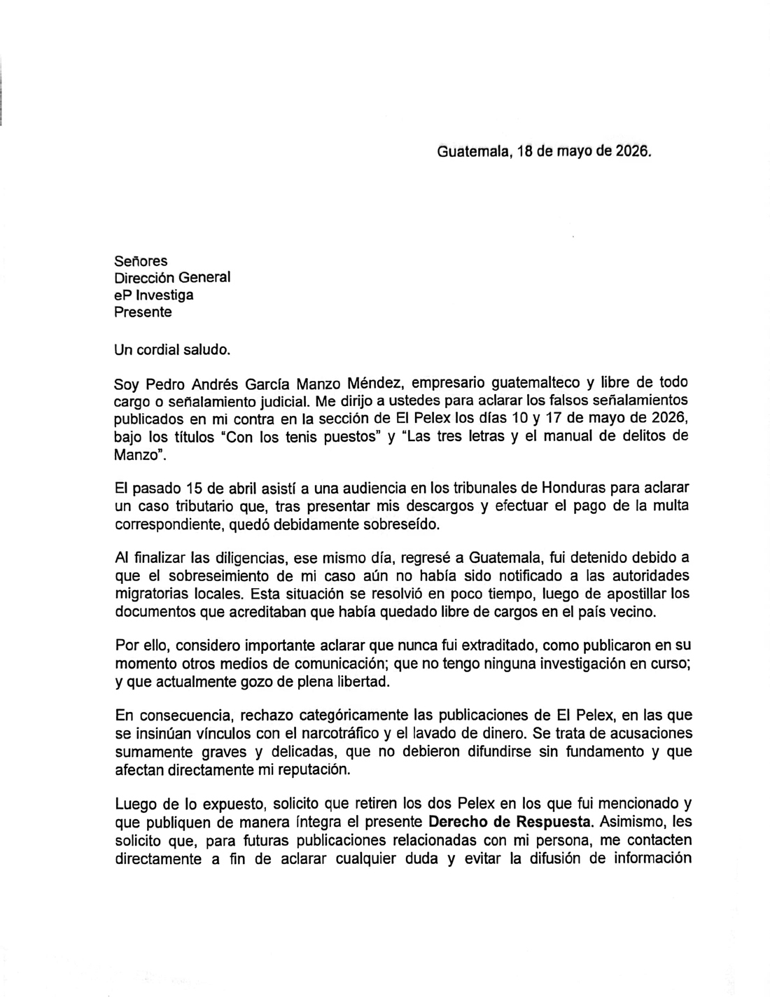Aclaración Pedro Andrés García Manzo