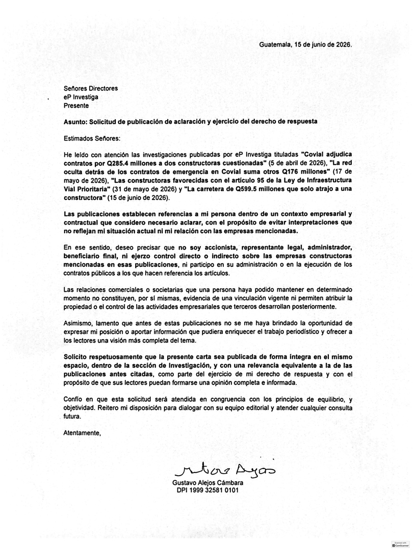 Aclaración Gustavo Alejos Cámbara
